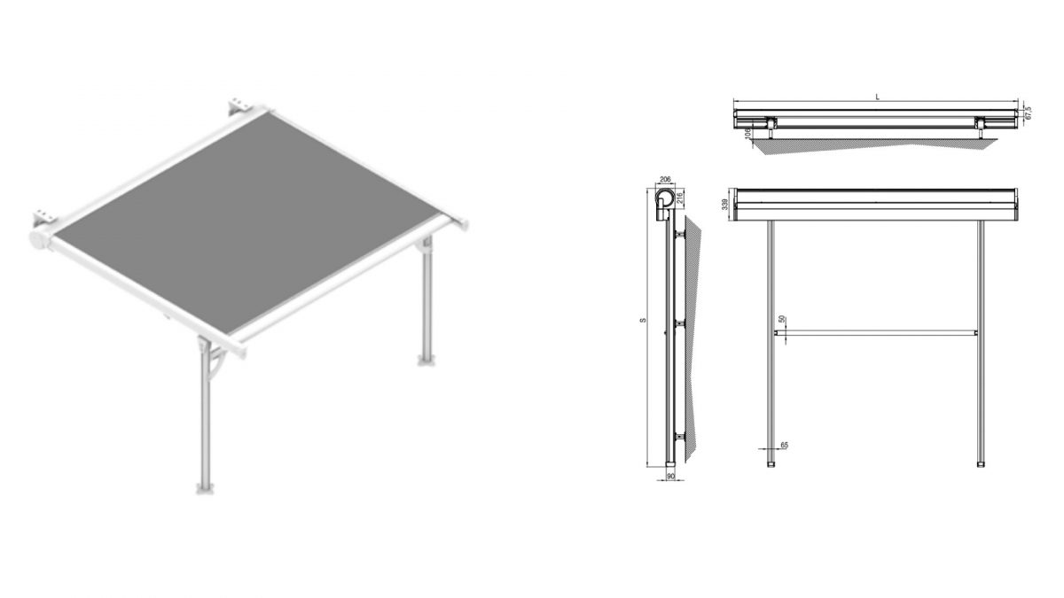 Esquema de toldo veranda con  pies delanteros vista frontal, lateral y superior